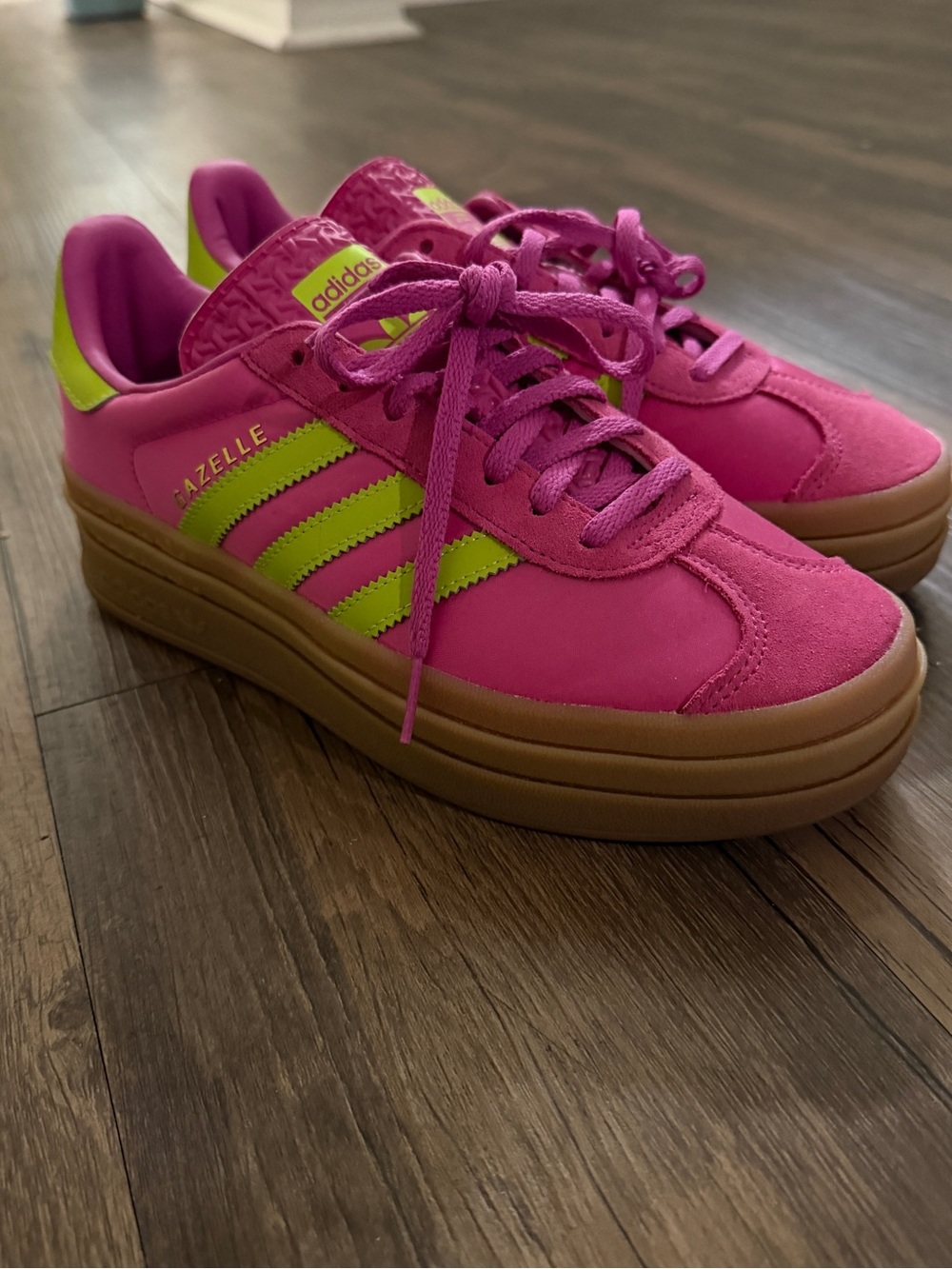adidas Gazelle Pink with Neon Green Stripes and Gum Sole